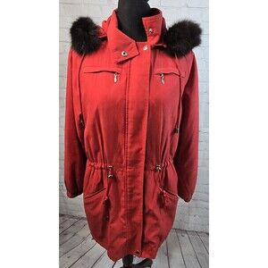 Damselle Women's Insulated Winter Red Black Faux Fur Hooded Parka Jacket Size XS